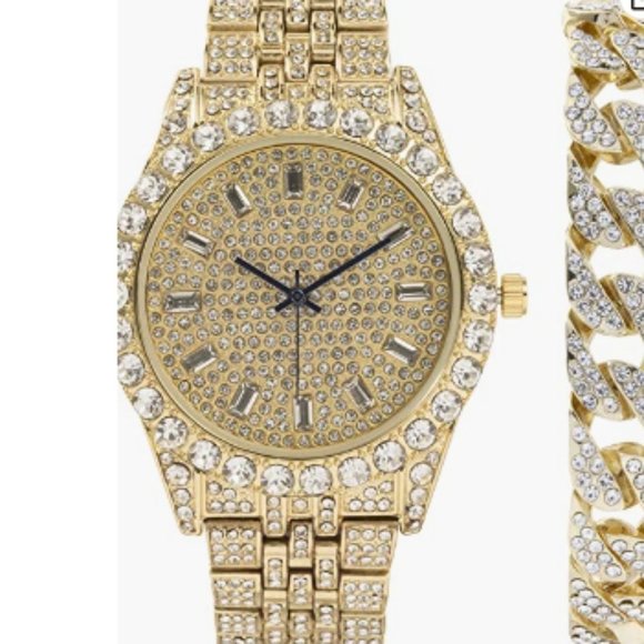 Cuban Gold Iced Bling Mens Watch with matching Hip Hop Bracelet - Picture 2 of 3